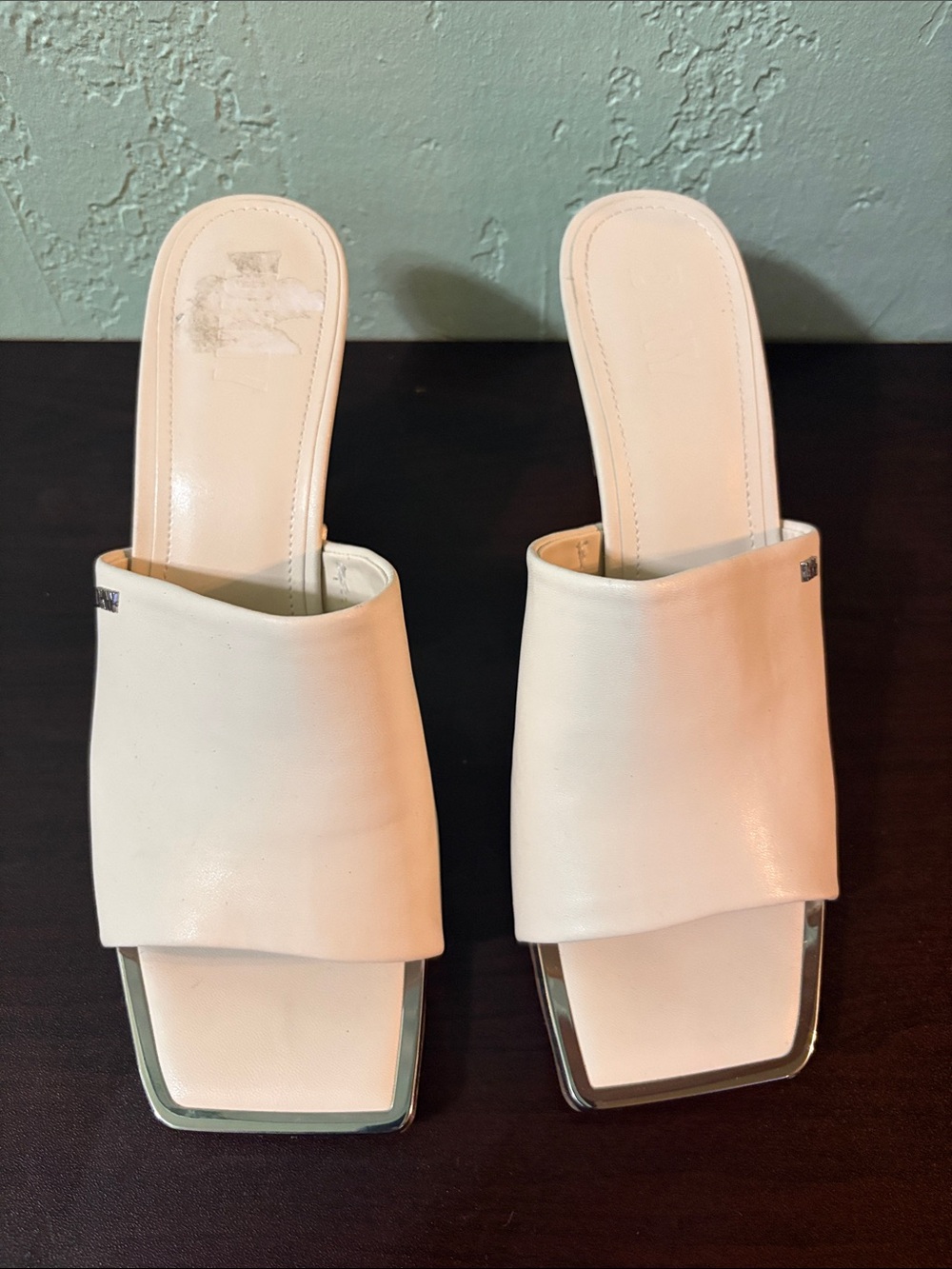 DKNY White Leather Square-Toe Slide Mules